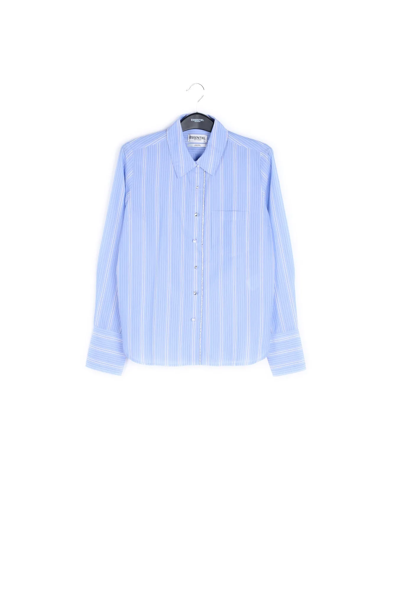 Light blue and white striped cotton shirt with beaded trim