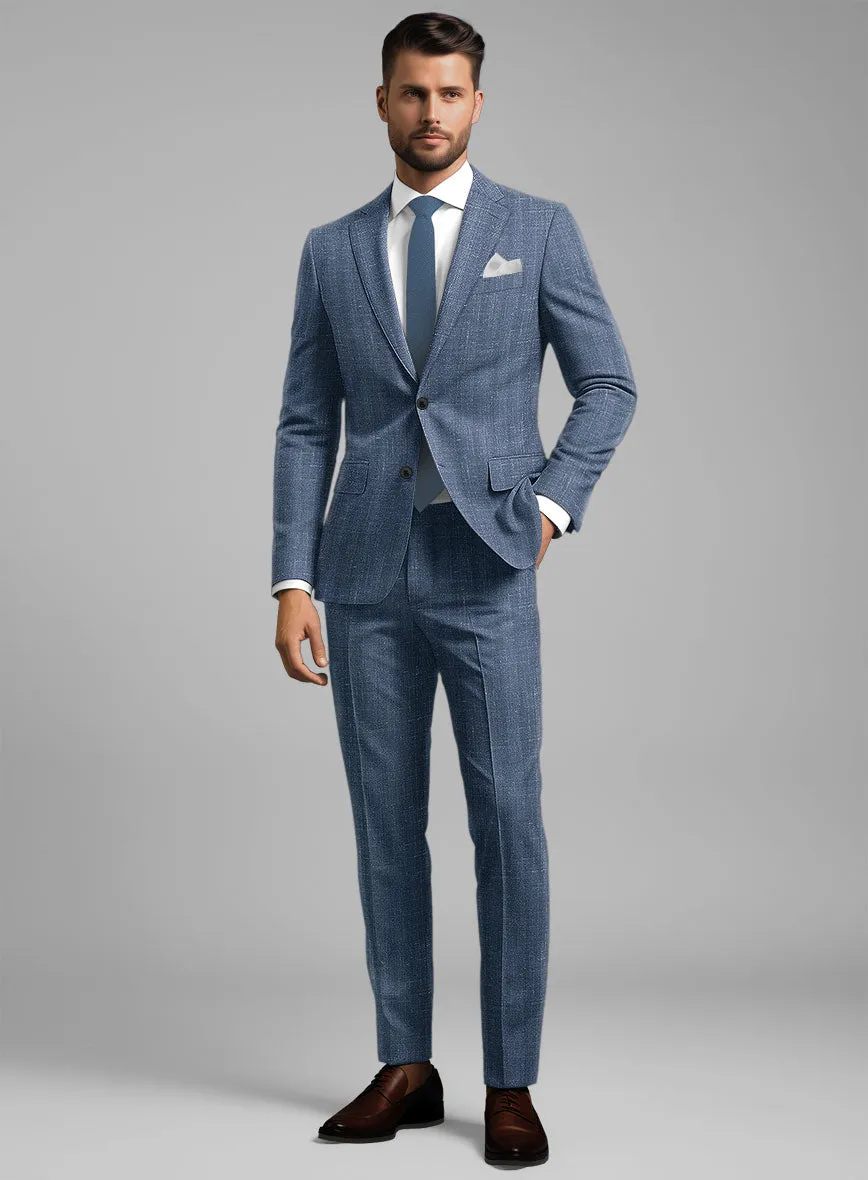 London Loom Blue Herringbone Wool Silk Linen Suit