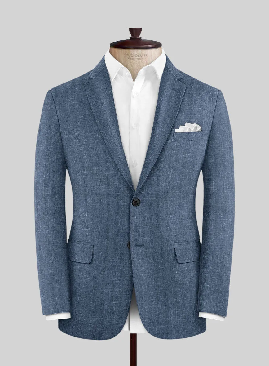 London Loom Blue Herringbone Wool Silk Linen Suit