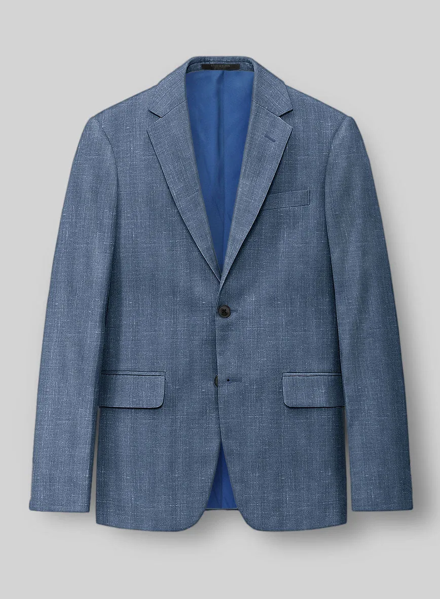 London Loom Blue Herringbone Wool Silk Linen Suit