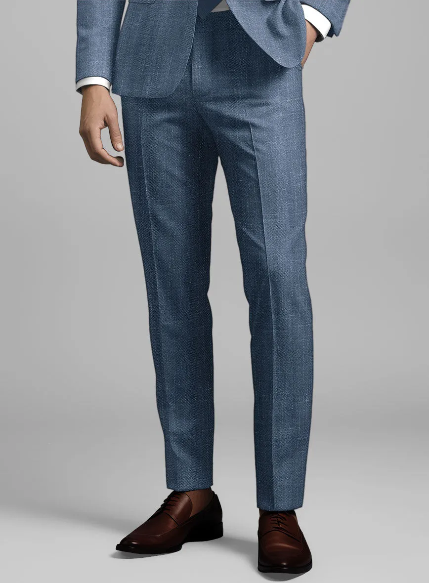 London Loom Blue Herringbone Wool Silk Linen Suit