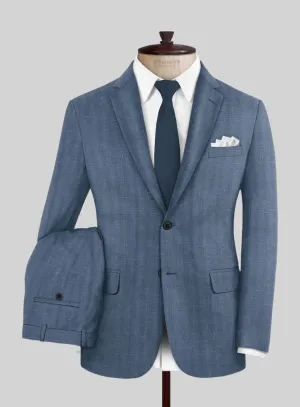 London Loom Blue Herringbone Wool Silk Linen Suit