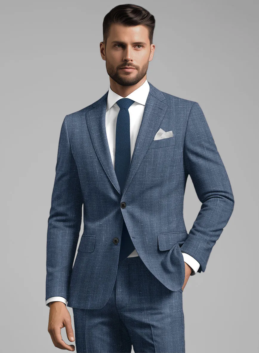 London Loom Blue Herringbone Wool Silk Linen Suit