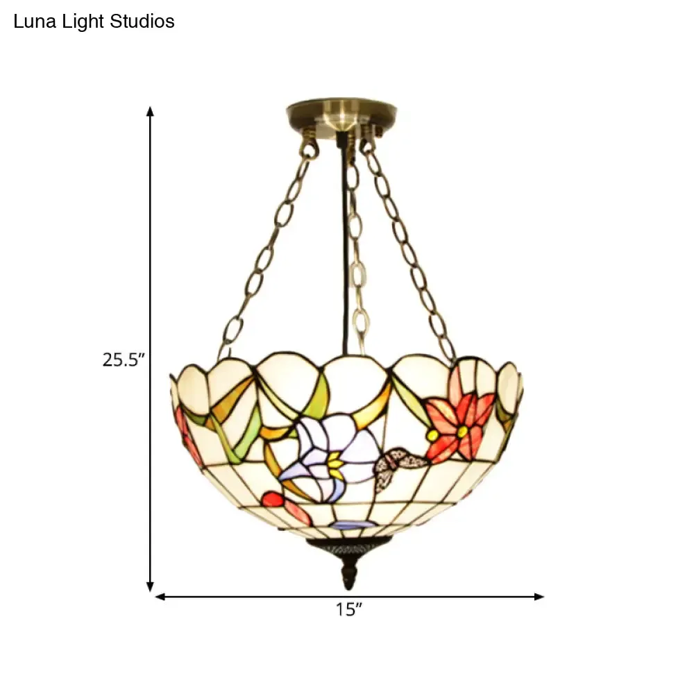 Mediterranean Brass Ceiling Lamp: Dome White/Red/Blue Stained Glass, Semi Flush Mount, 3 Lights - Perfect for Living Room