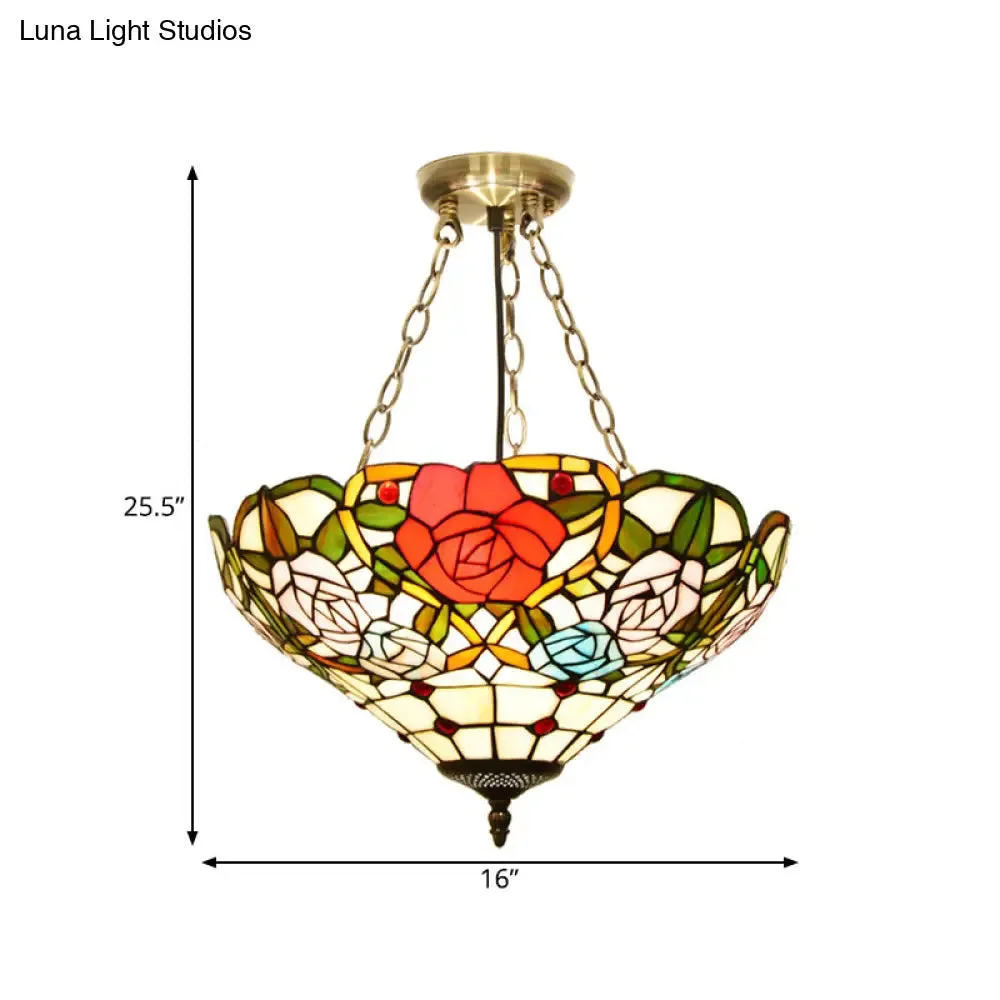 Mediterranean Brass Ceiling Lamp: Dome White/Red/Blue Stained Glass, Semi Flush Mount, 3 Lights - Perfect for Living Room