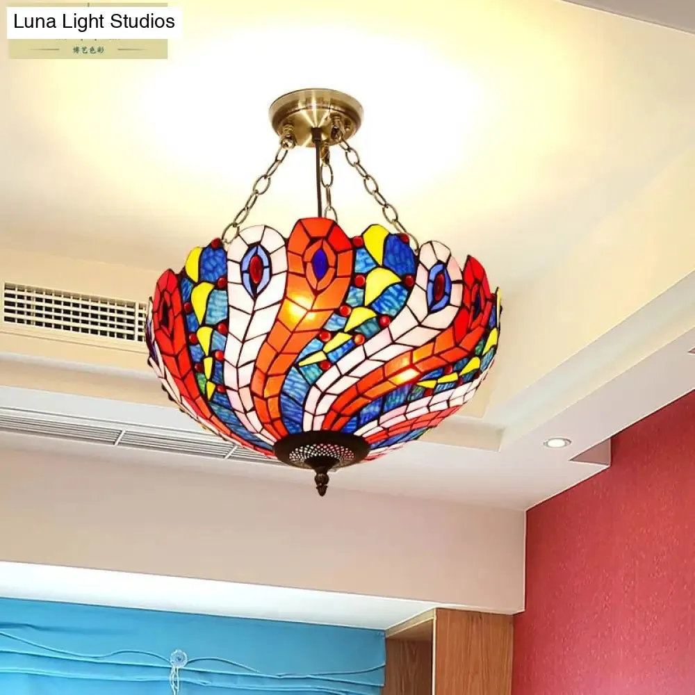 Mediterranean Brass Ceiling Lamp: Dome White/Red/Blue Stained Glass, Semi Flush Mount, 3 Lights - Perfect for Living Room