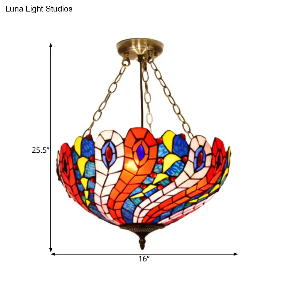 Mediterranean Brass Ceiling Lamp: Dome White/Red/Blue Stained Glass, Semi Flush Mount, 3 Lights - Perfect for Living Room