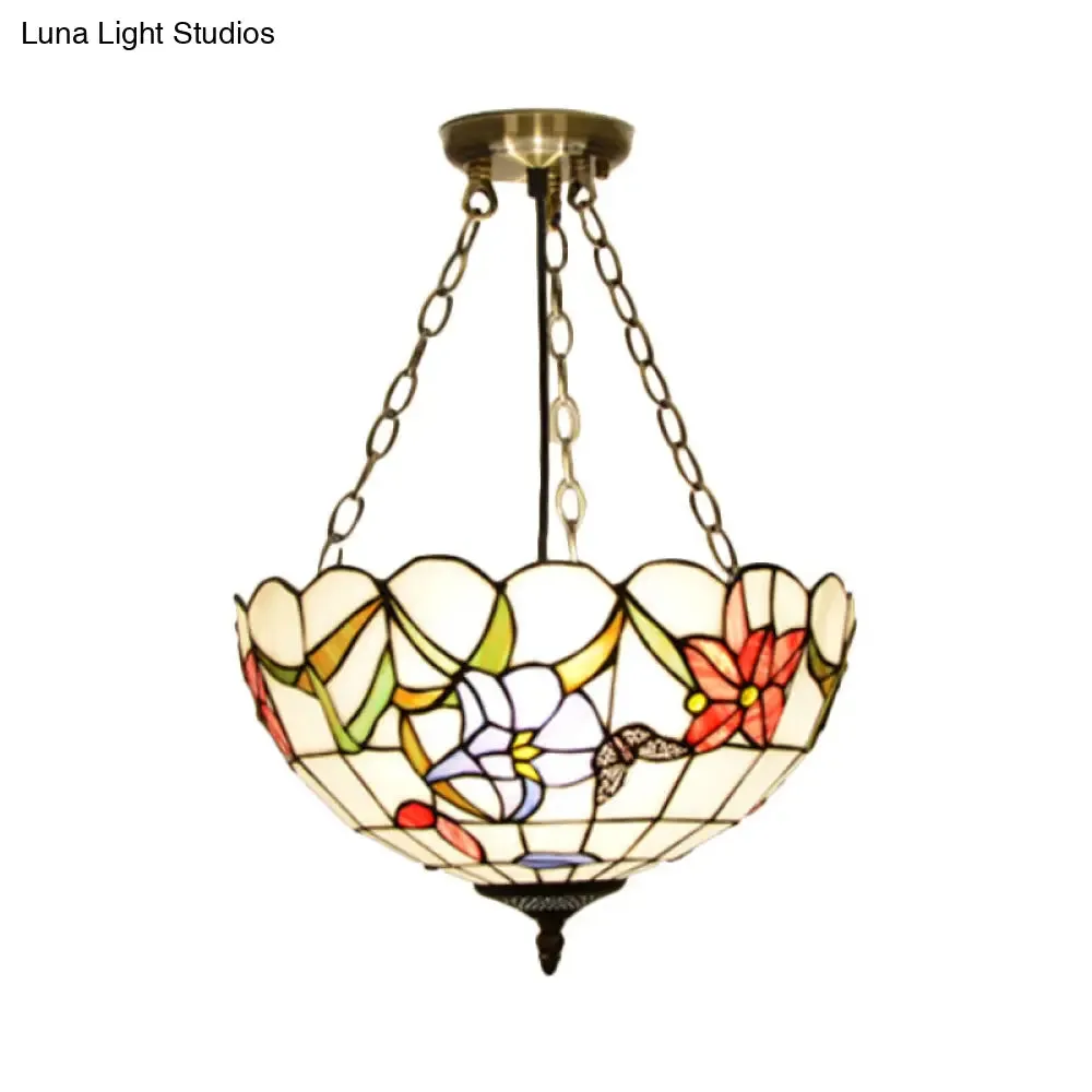 Mediterranean Brass Ceiling Lamp: Dome White/Red/Blue Stained Glass, Semi Flush Mount, 3 Lights - Perfect for Living Room