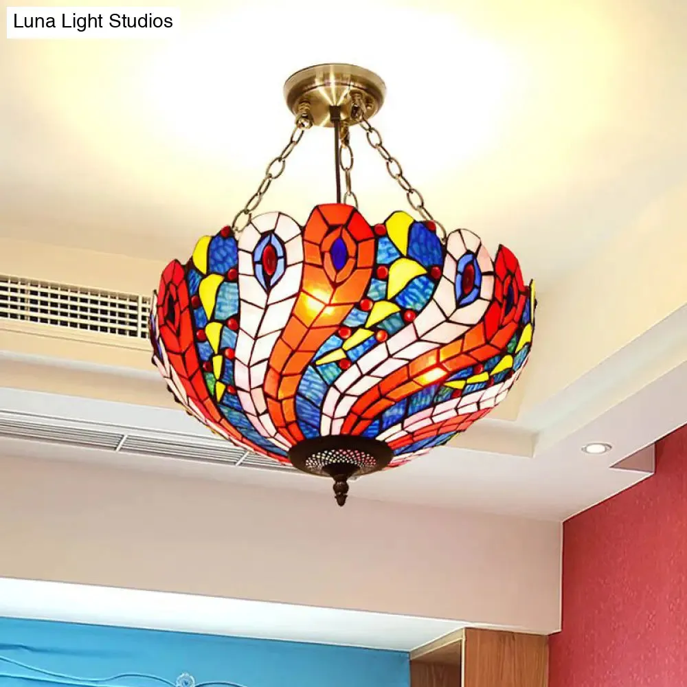 Mediterranean Brass Ceiling Lamp: Dome White/Red/Blue Stained Glass, Semi Flush Mount, 3 Lights - Perfect for Living Room