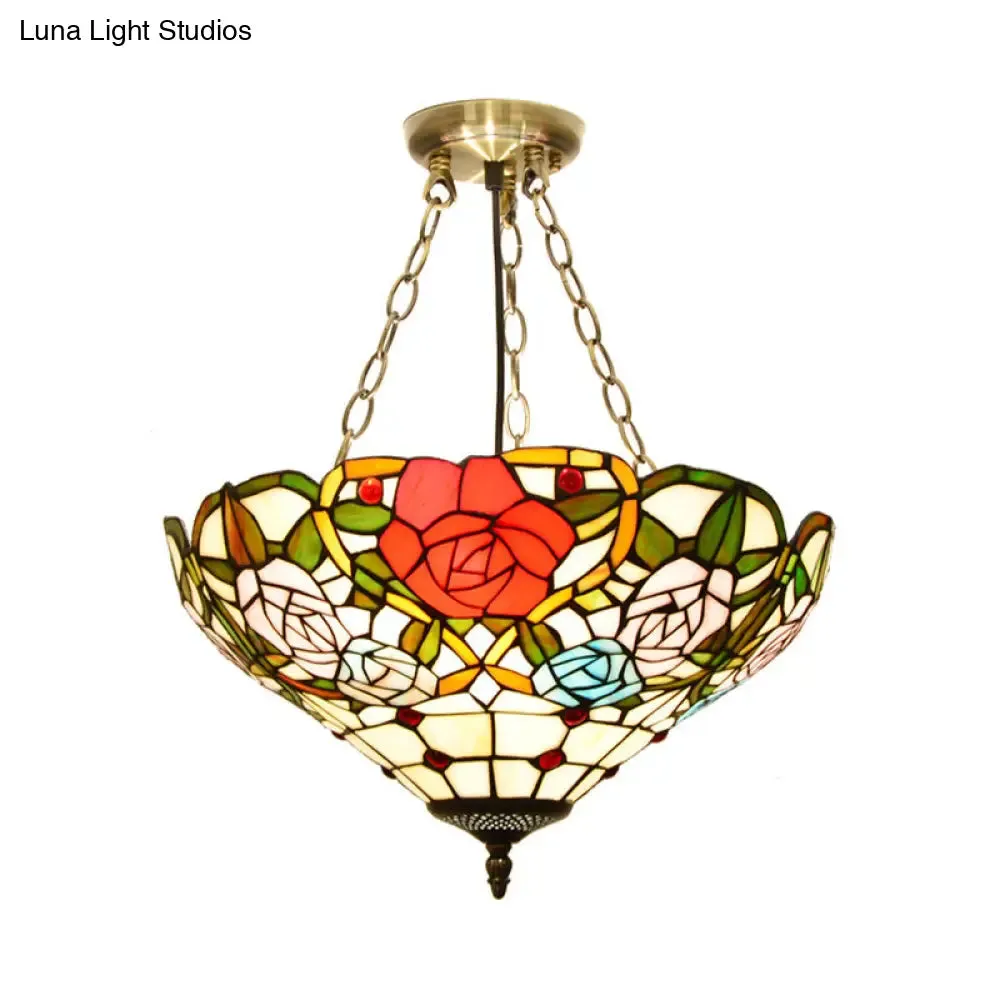 Mediterranean Brass Ceiling Lamp: Dome White/Red/Blue Stained Glass, Semi Flush Mount, 3 Lights - Perfect for Living Room