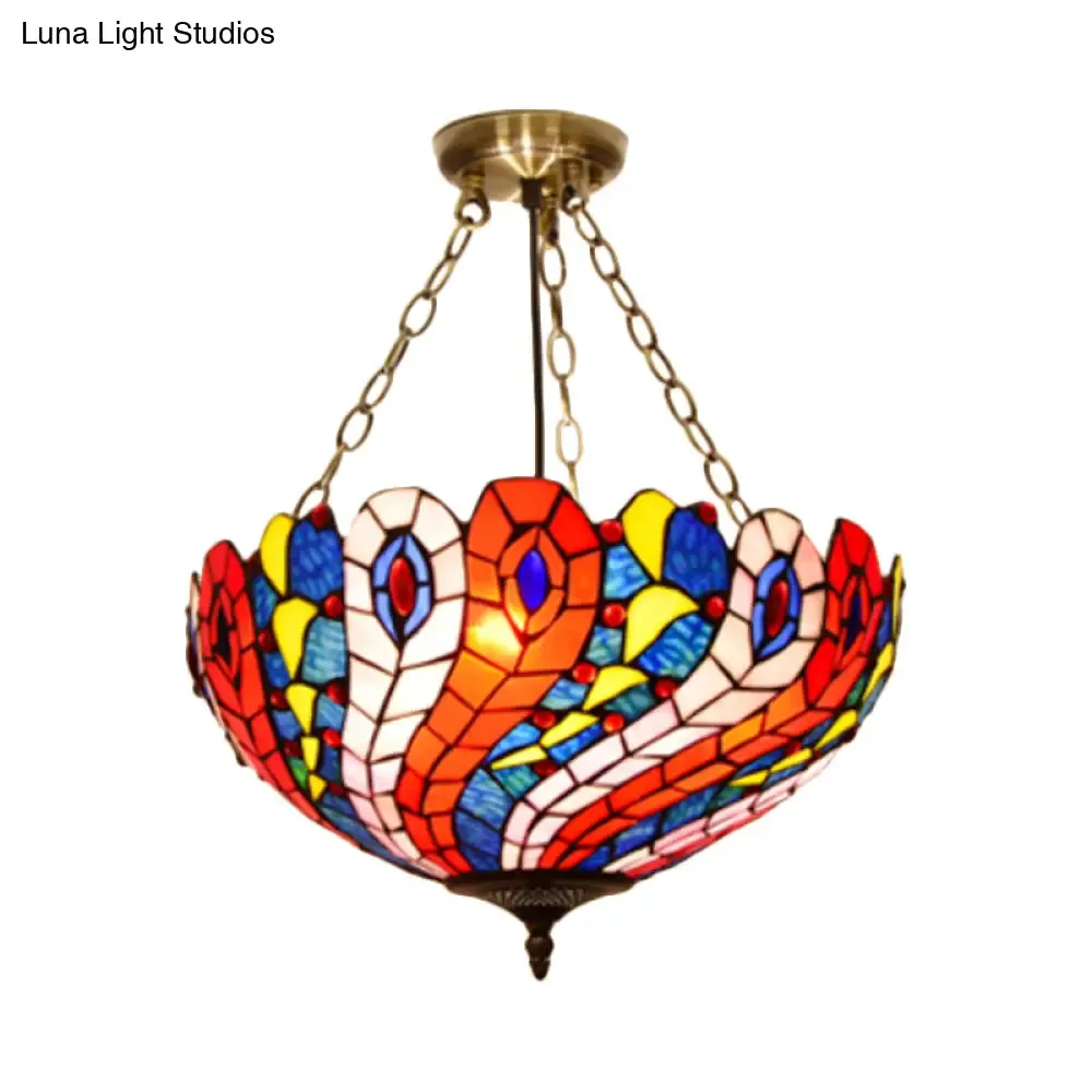 Mediterranean Brass Ceiling Lamp: Dome White/Red/Blue Stained Glass, Semi Flush Mount, 3 Lights - Perfect for Living Room