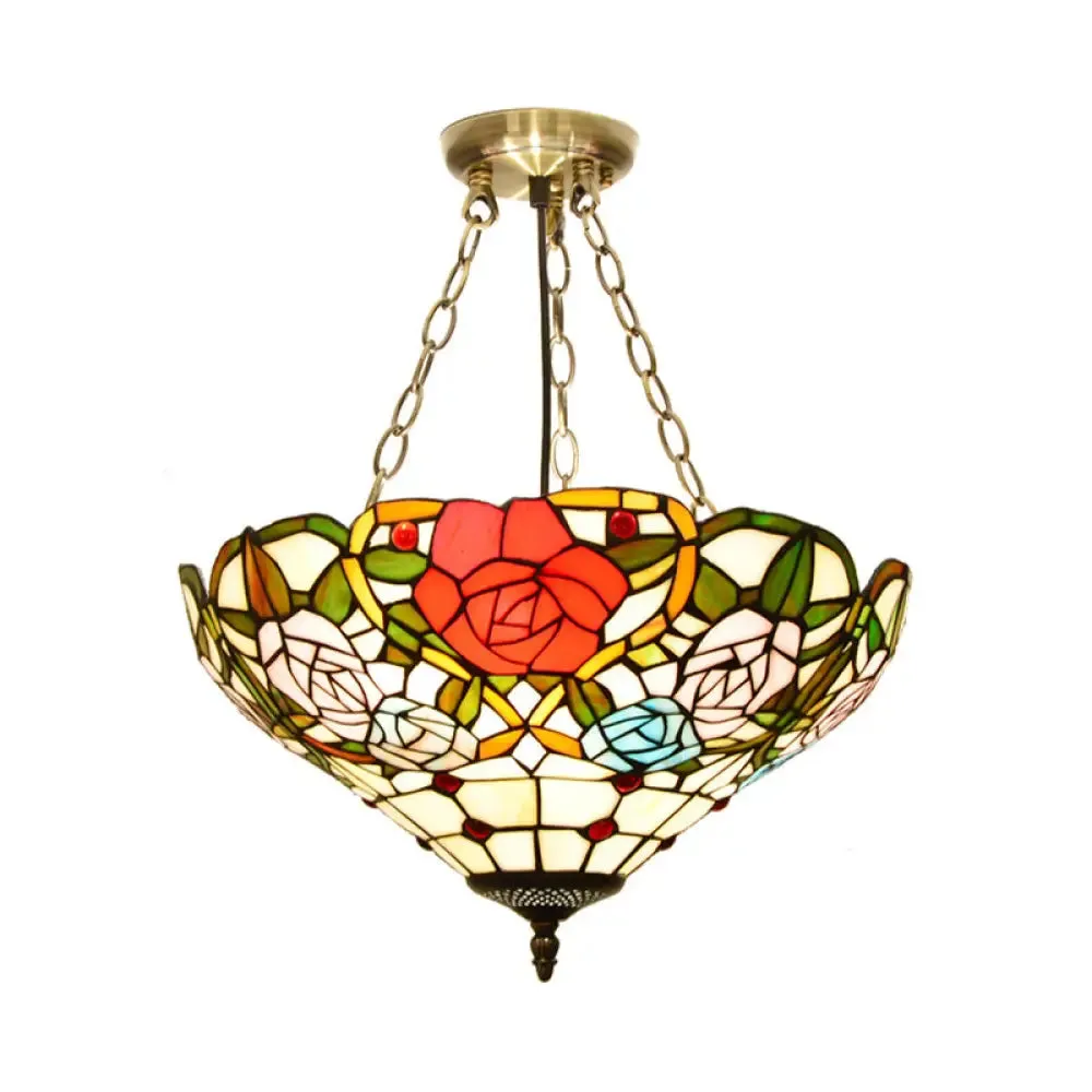 Mediterranean Brass Ceiling Lamp: Dome White/Red/Blue Stained Glass, Semi Flush Mount, 3 Lights - Perfect for Living Room