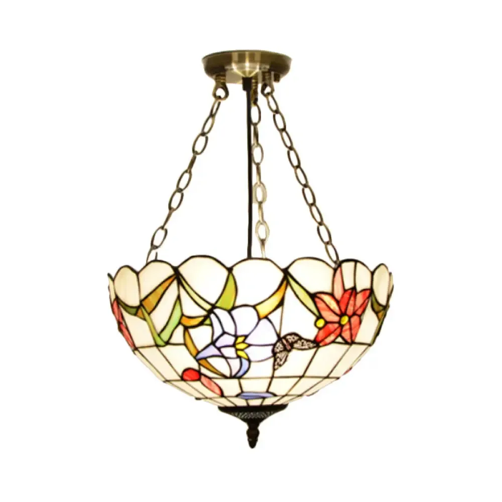 Mediterranean Brass Ceiling Lamp: Dome White/Red/Blue Stained Glass, Semi Flush Mount, 3 Lights - Perfect for Living Room