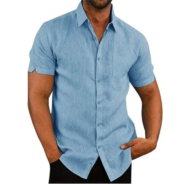 Men Linen Shirts Short Sleeve Breathable Men's Baggy Casual Shirts Slim Fit Solid Cotton Shirts Mens Pullover Tops Blouse