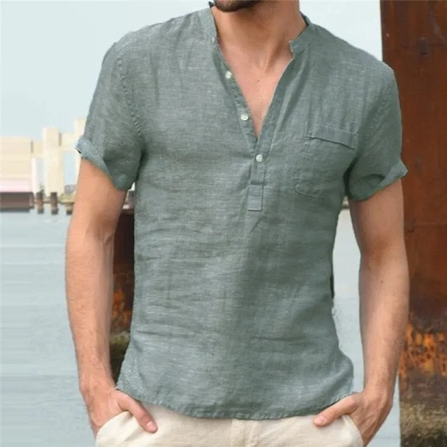 Men Linen Shirts Short Sleeve Breathable Men's Baggy Casual Shirts Slim Fit Solid Cotton Shirts Mens Pullover Tops Blouse