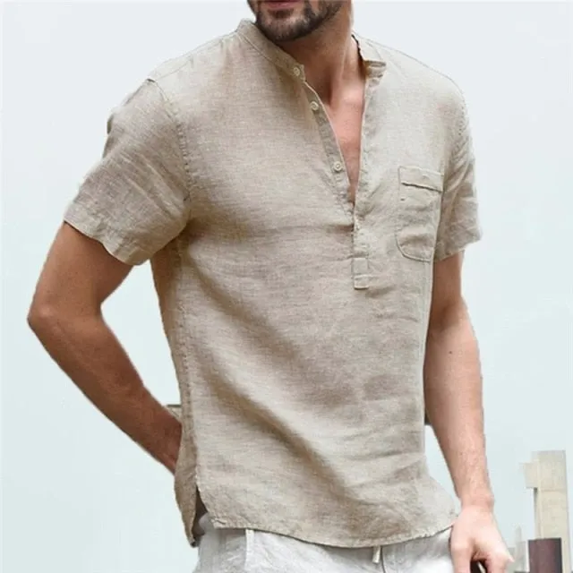 Men Linen Shirts Short Sleeve Breathable Men's Baggy Casual Shirts Slim Fit Solid Cotton Shirts Mens Pullover Tops Blouse