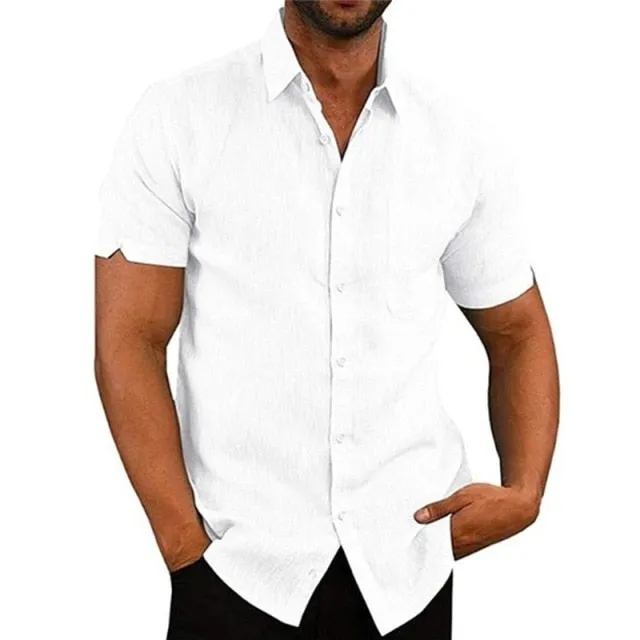 Men Linen Shirts Short Sleeve Breathable Men's Baggy Casual Shirts Slim Fit Solid Cotton Shirts Mens Pullover Tops Blouse