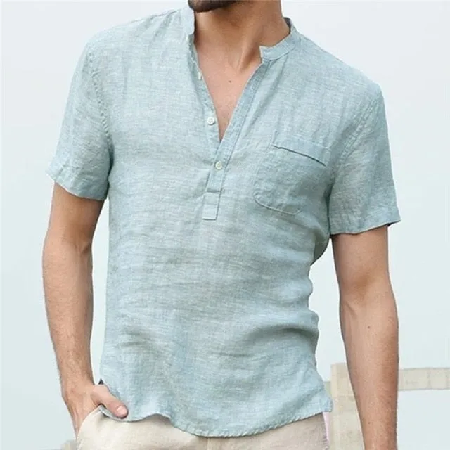 Men Linen Shirts Short Sleeve Breathable Men's Baggy Casual Shirts Slim Fit Solid Cotton Shirts Mens Pullover Tops Blouse