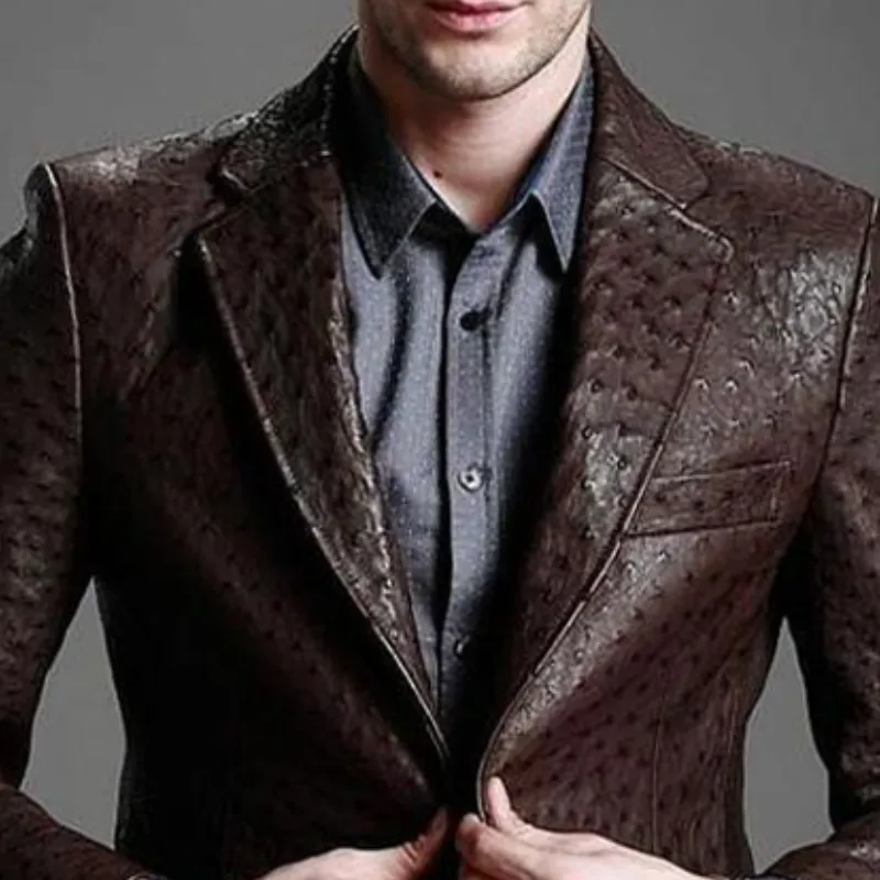 Men's Classic Vintage Textured Leather Single Breasted Blazer 46068219K