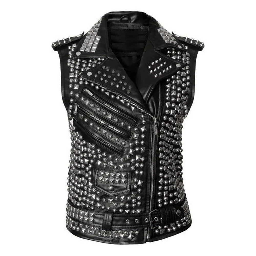 Mens Studded Leather VEST Silver Studs Biker Zipper Pocket