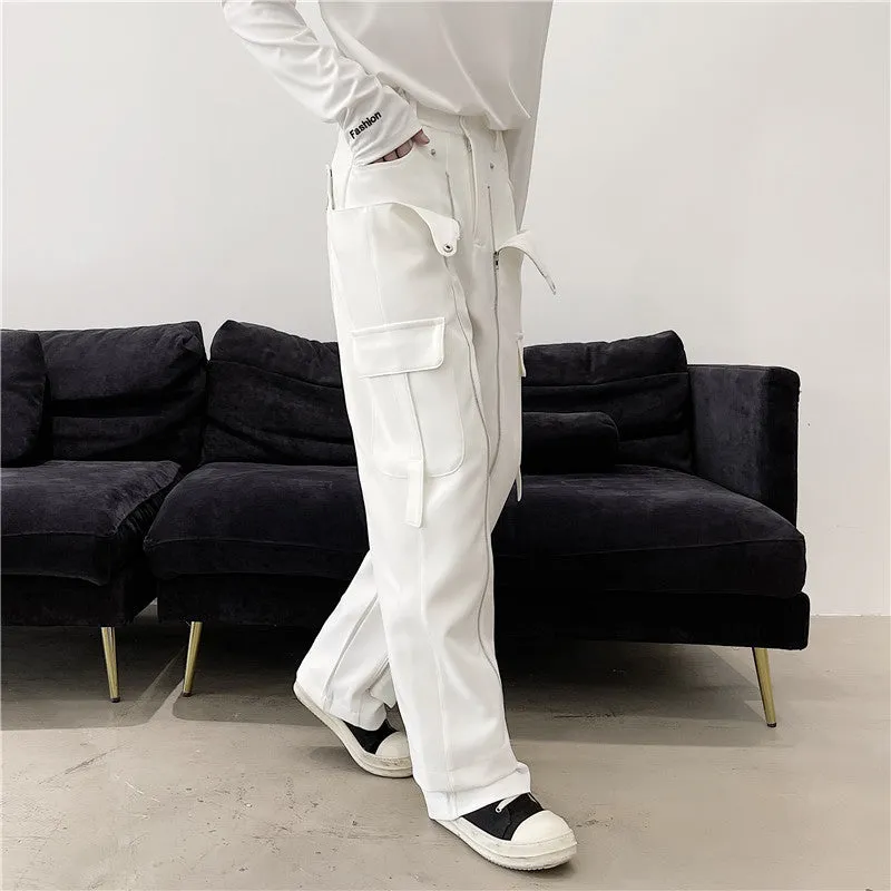 Multi Zipper Deco Solid Straight Pants