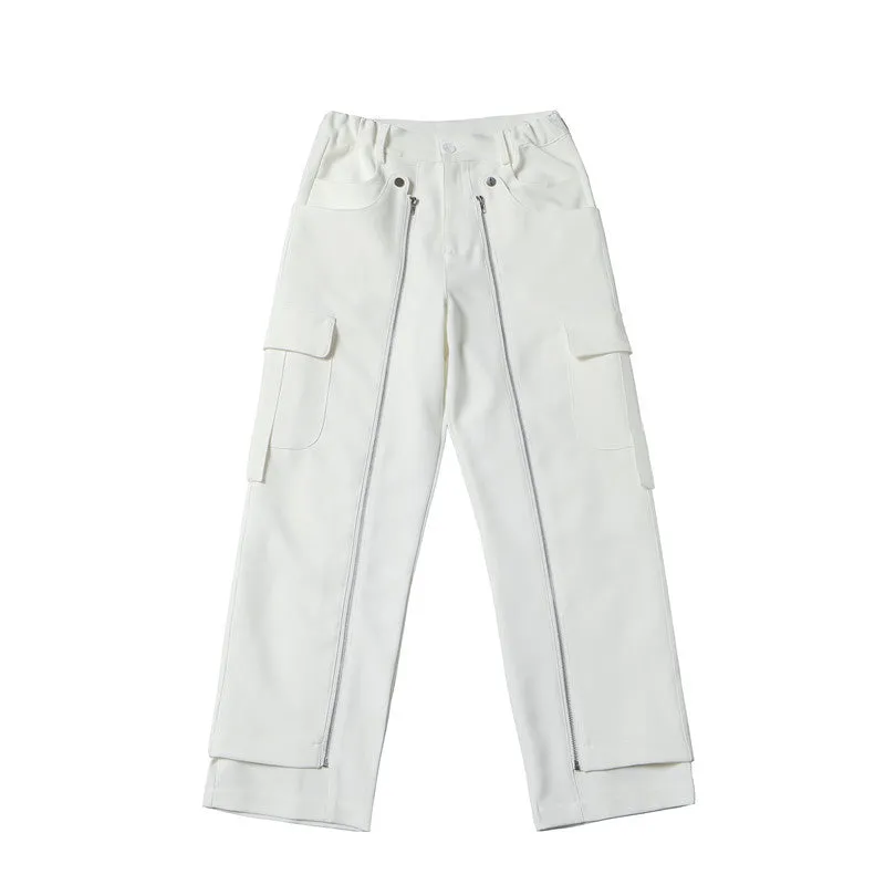 Multi Zipper Deco Solid Straight Pants