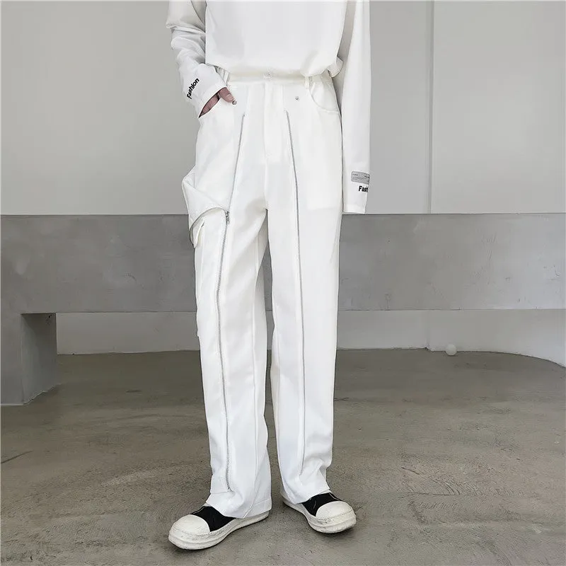 Multi Zipper Deco Solid Straight Pants