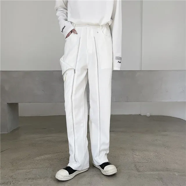 Multi Zipper Deco Solid Straight Pants