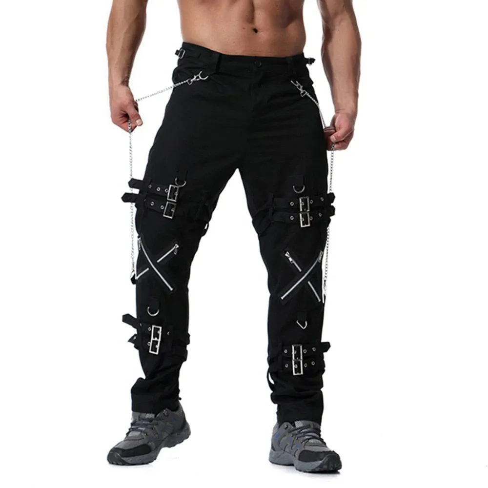 Multi Zippers Chain Buckle Streetwear Casual Style Men Pants