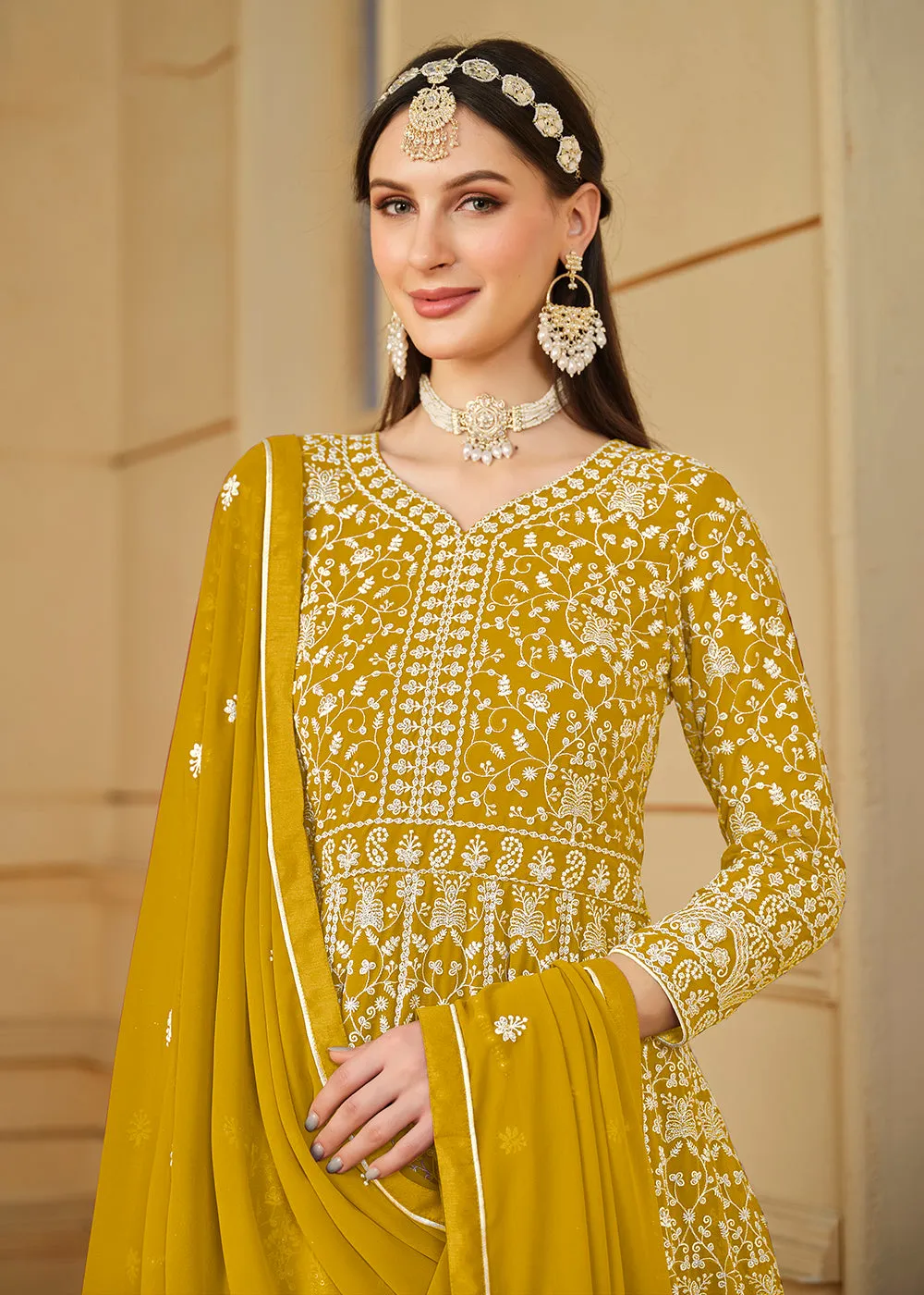 Mustard Yellow Thread & Sequins Georgette Anarkali Suit