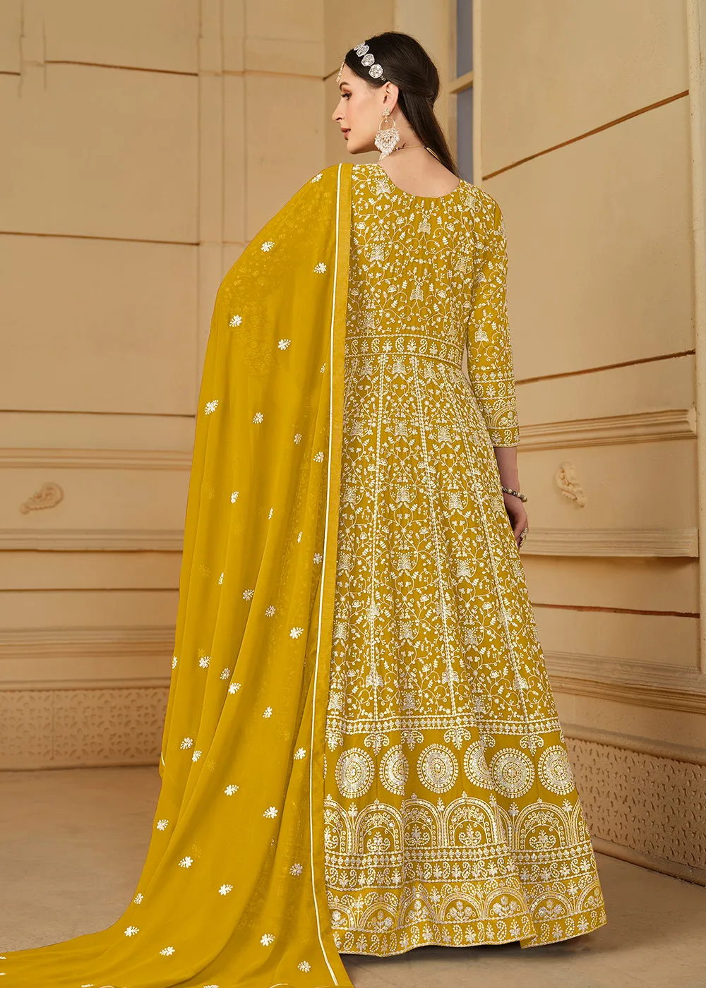 Mustard Yellow Thread & Sequins Georgette Anarkali Suit