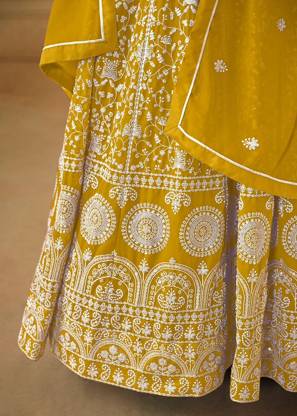 Mustard Yellow Thread & Sequins Georgette Anarkali Suit