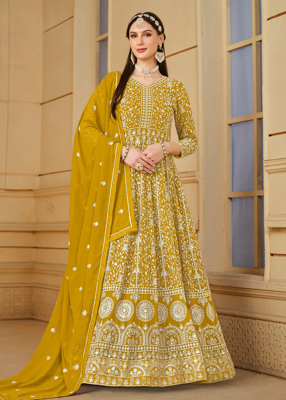 Mustard Yellow Thread & Sequins Georgette Anarkali Suit