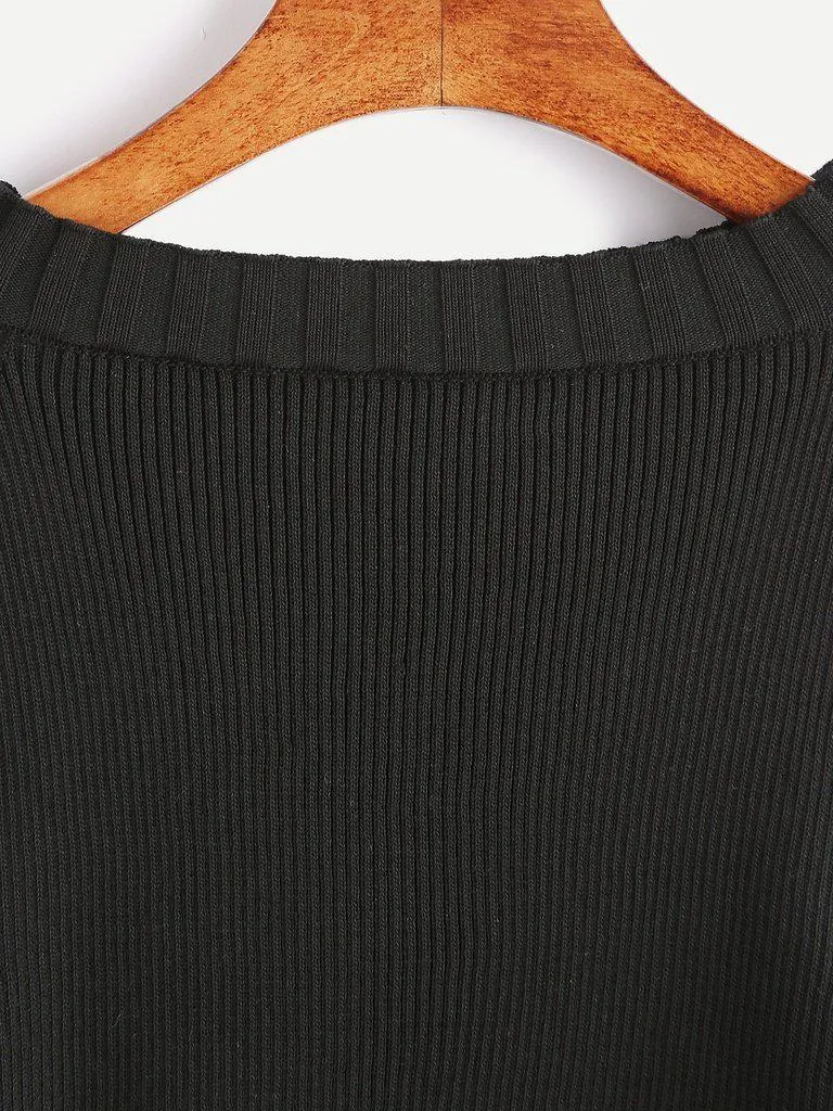 Open Shoulder Rib Knit Sweater