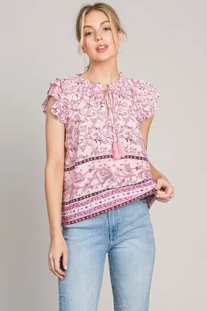 Pink Floral Print Ruffle Sleeve Detail Blouse