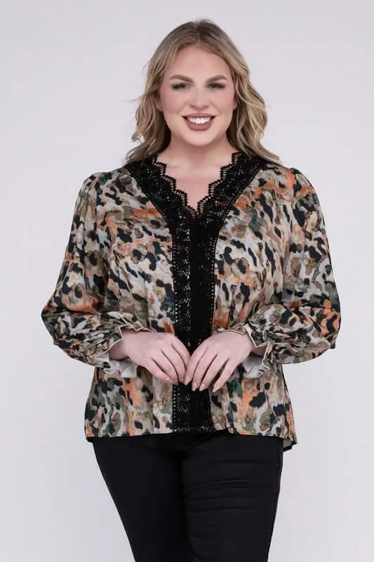 Plus Size Floral Print  Lace Trim Blouse