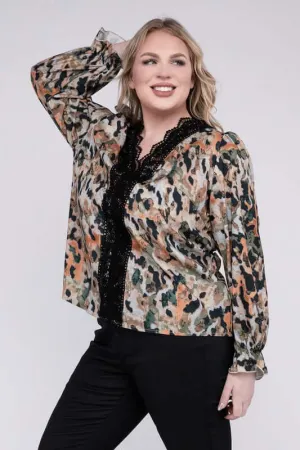 Plus Size Floral Print  Lace Trim Blouse