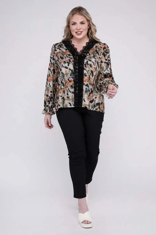 Plus Size Floral Print  Lace Trim Blouse