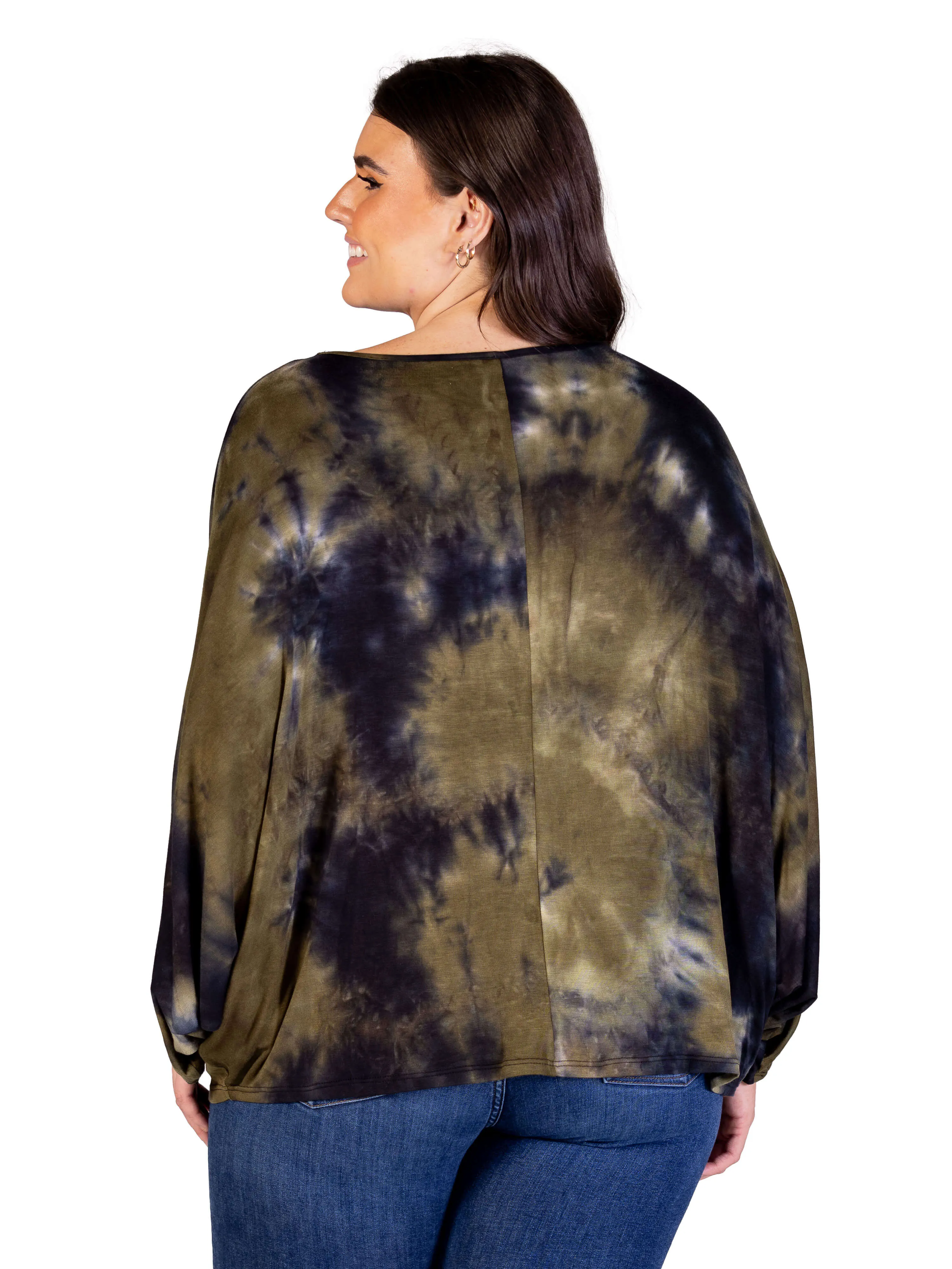 Plus Size Green Tie Dye Batwing Sleeve Relaxed Fit Top