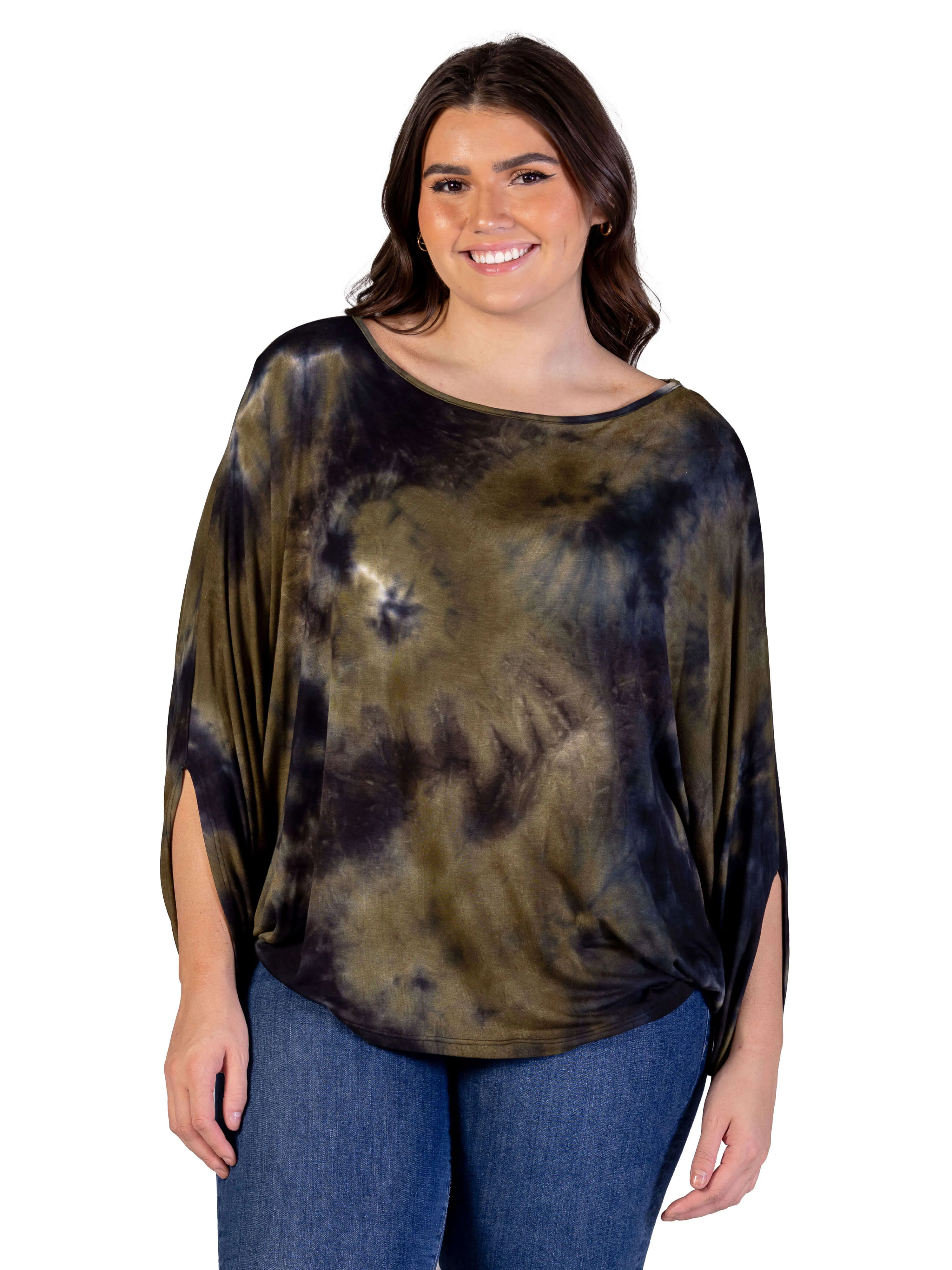 Plus Size Green Tie Dye Batwing Sleeve Relaxed Fit Top