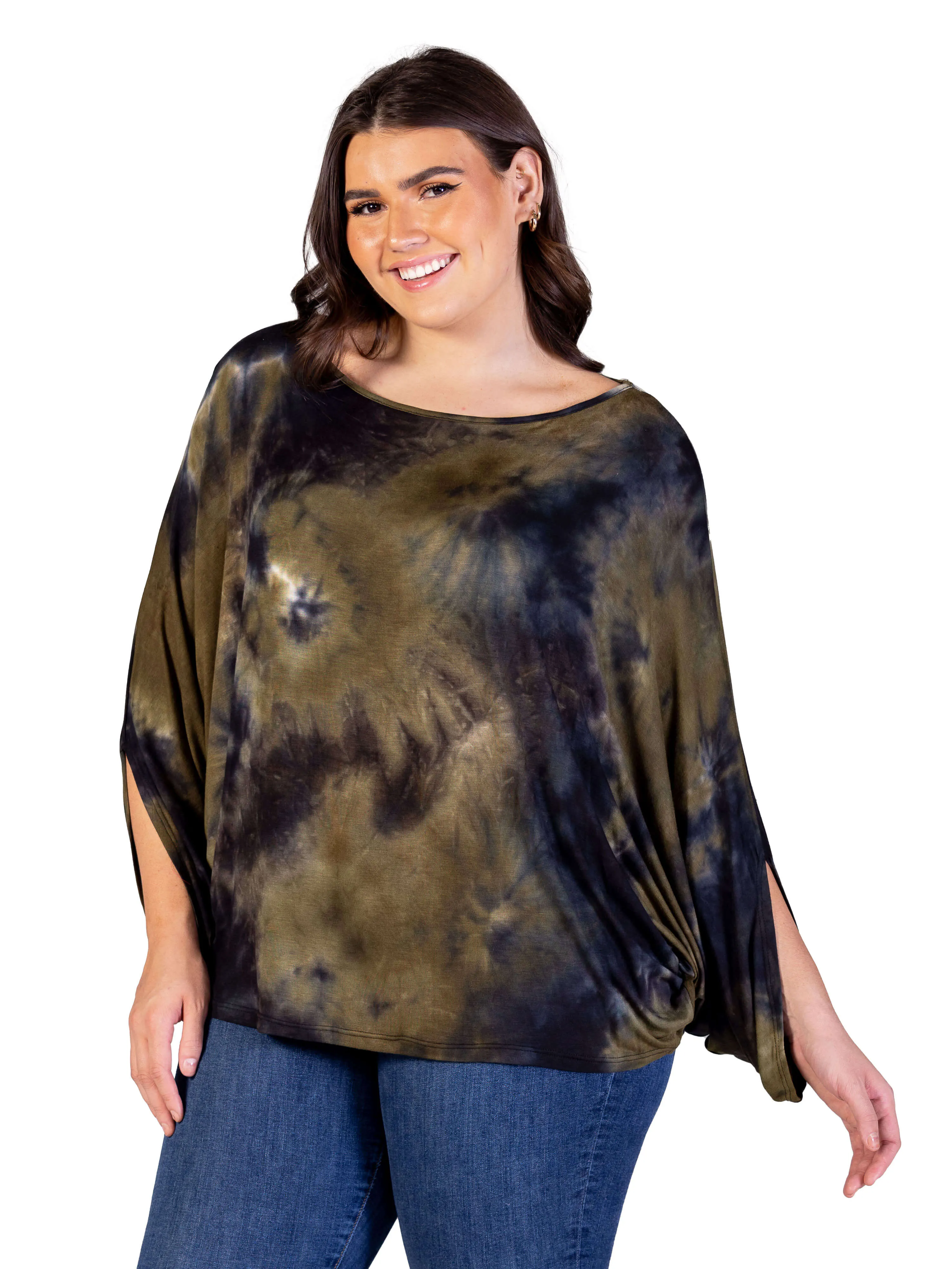 Plus Size Green Tie Dye Batwing Sleeve Relaxed Fit Top