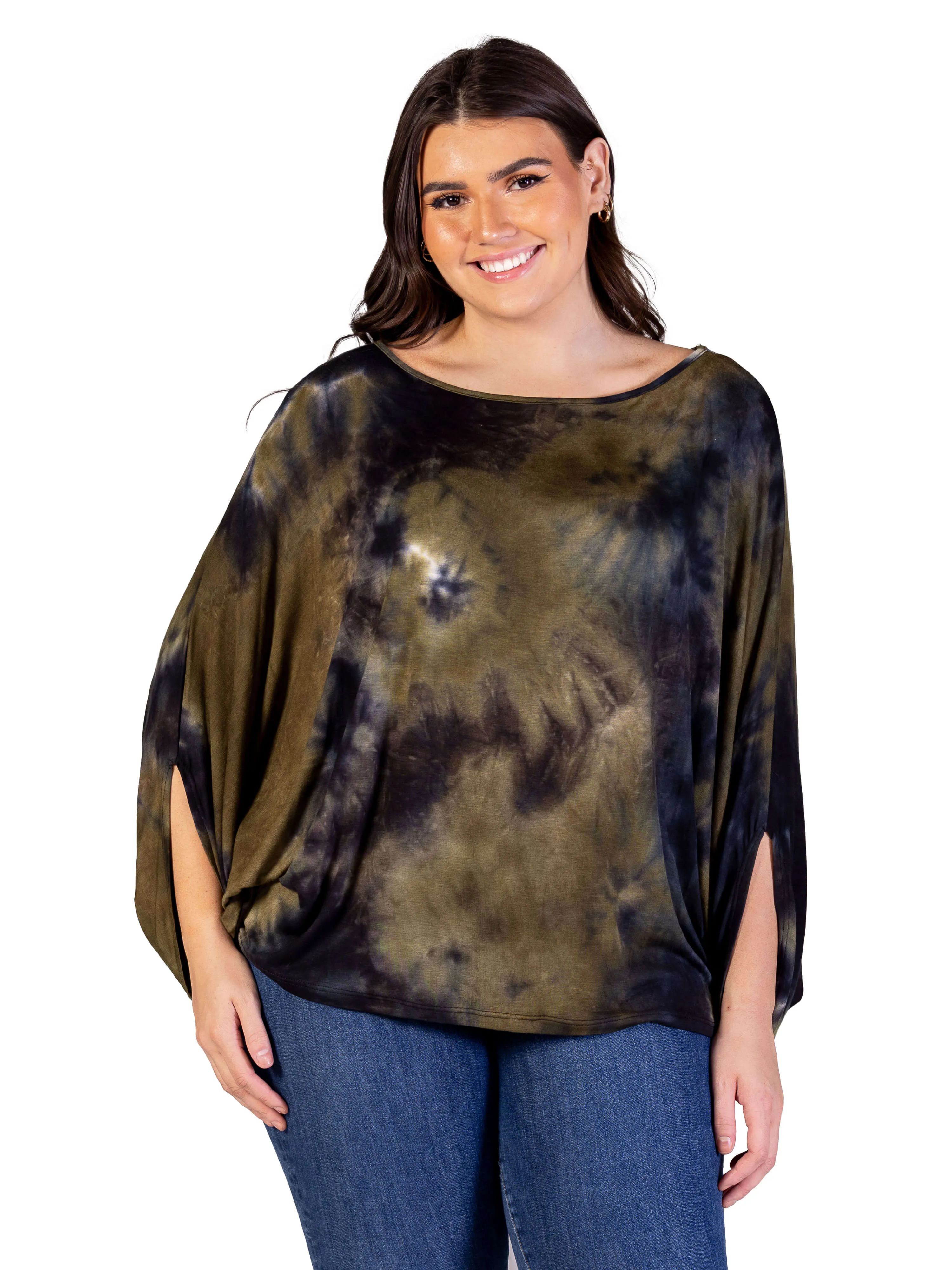 Plus Size Green Tie Dye Batwing Sleeve Relaxed Fit Top