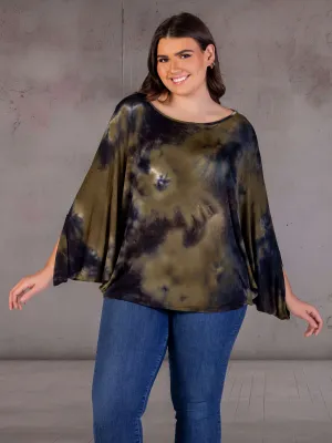 Plus Size Green Tie Dye Batwing Sleeve Relaxed Fit Top