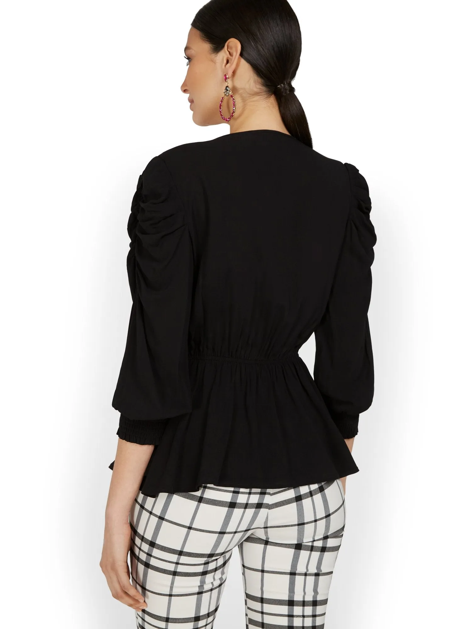 Ruche-Sleeve Drapey Tie-Front Top