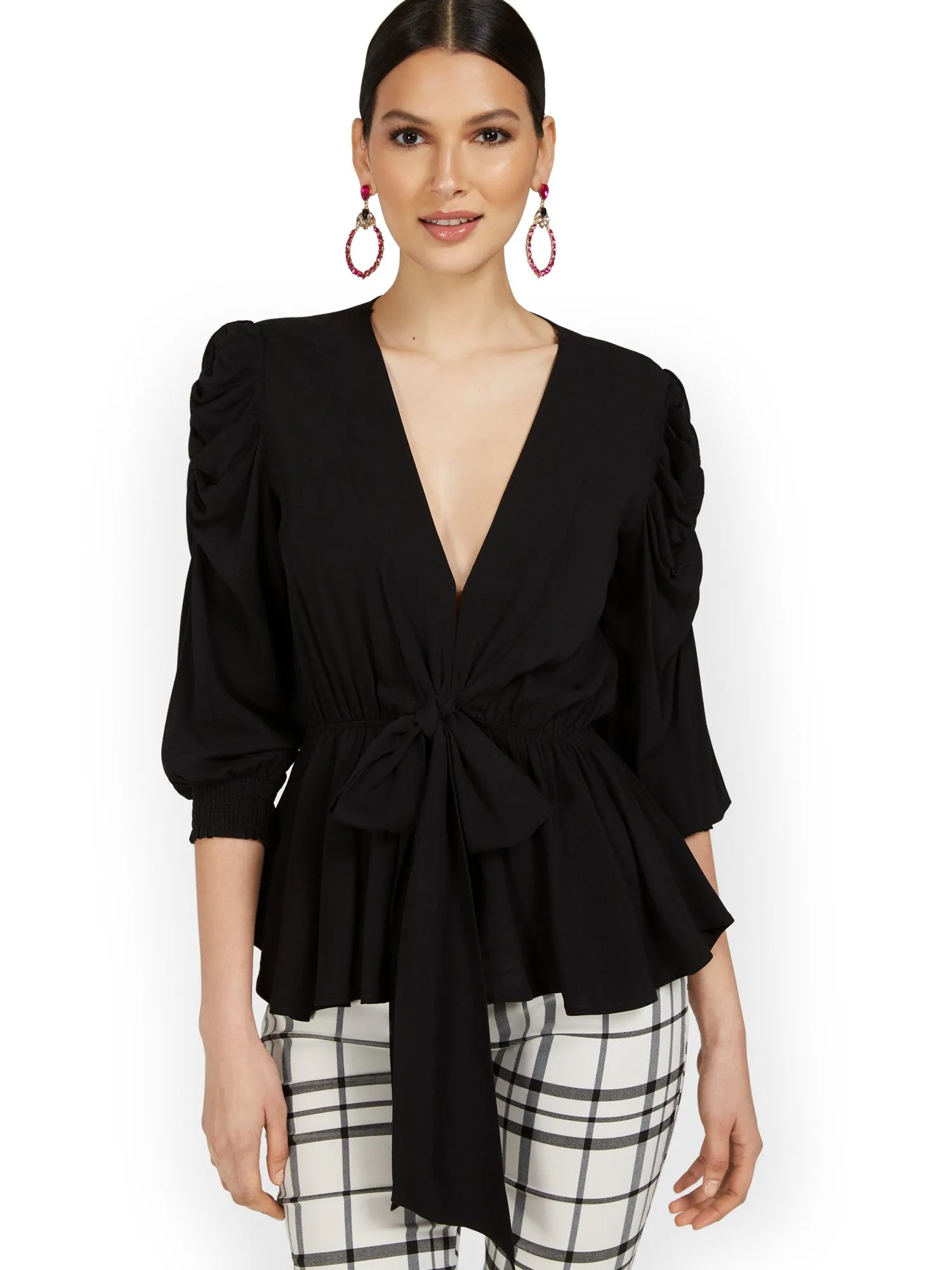 Ruche-Sleeve Drapey Tie-Front Top