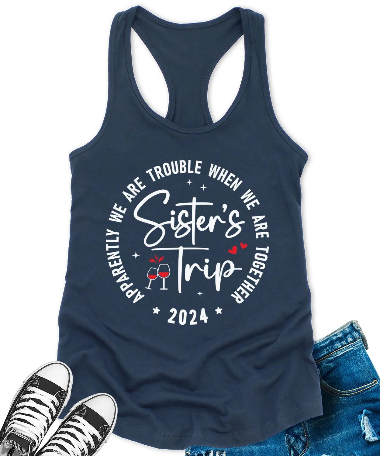 Sisters Trip 2024 Racerback Tank Top for Women Apparently We are Trouble Letter Print Sleeveless Summer Tops