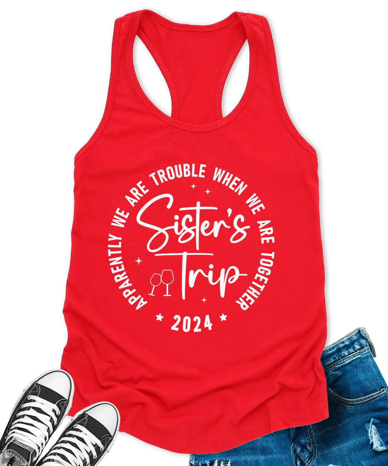 Sisters Trip 2024 Racerback Tank Top for Women Apparently We are Trouble Letter Print Sleeveless Summer Tops