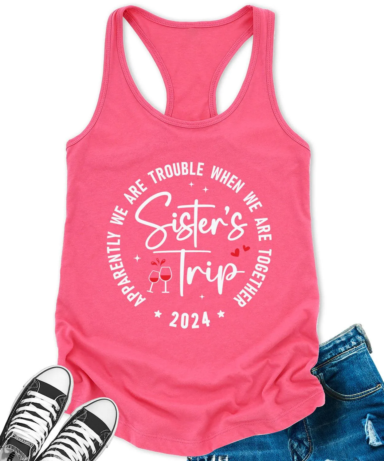 Sisters Trip 2024 Racerback Tank Top for Women Apparently We are Trouble Letter Print Sleeveless Summer Tops