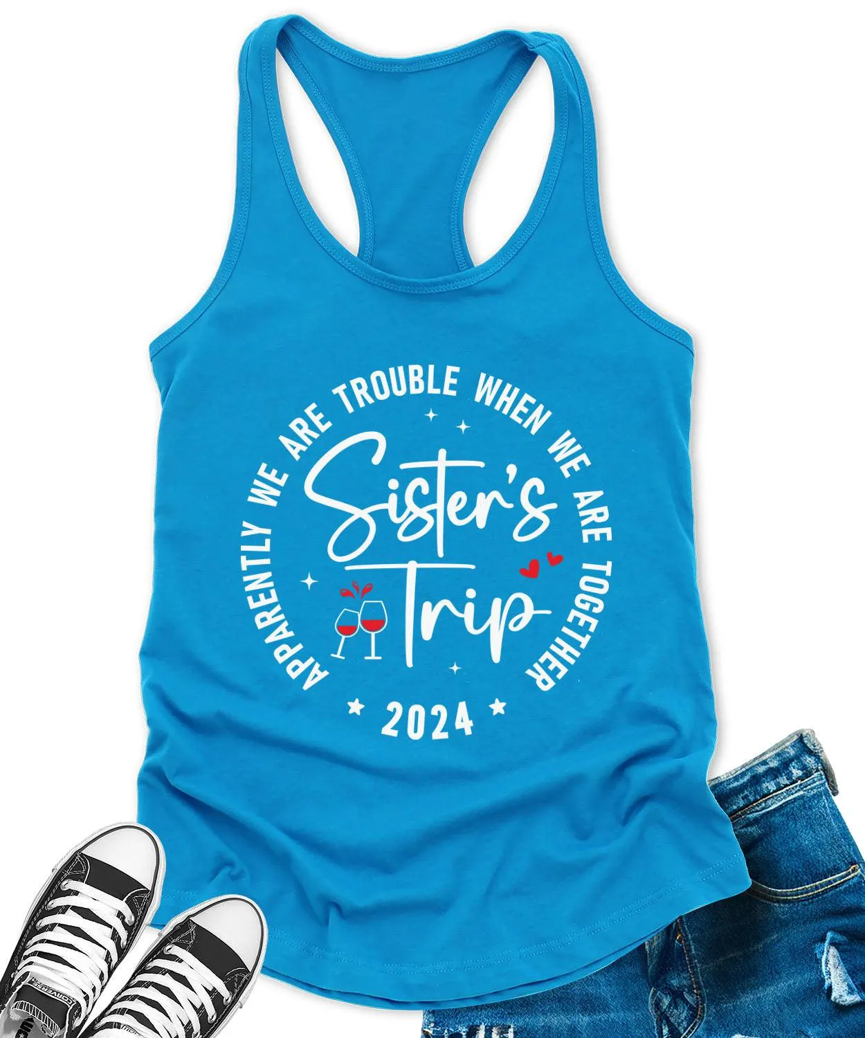 Sisters Trip 2024 Racerback Tank Top for Women Apparently We are Trouble Letter Print Sleeveless Summer Tops