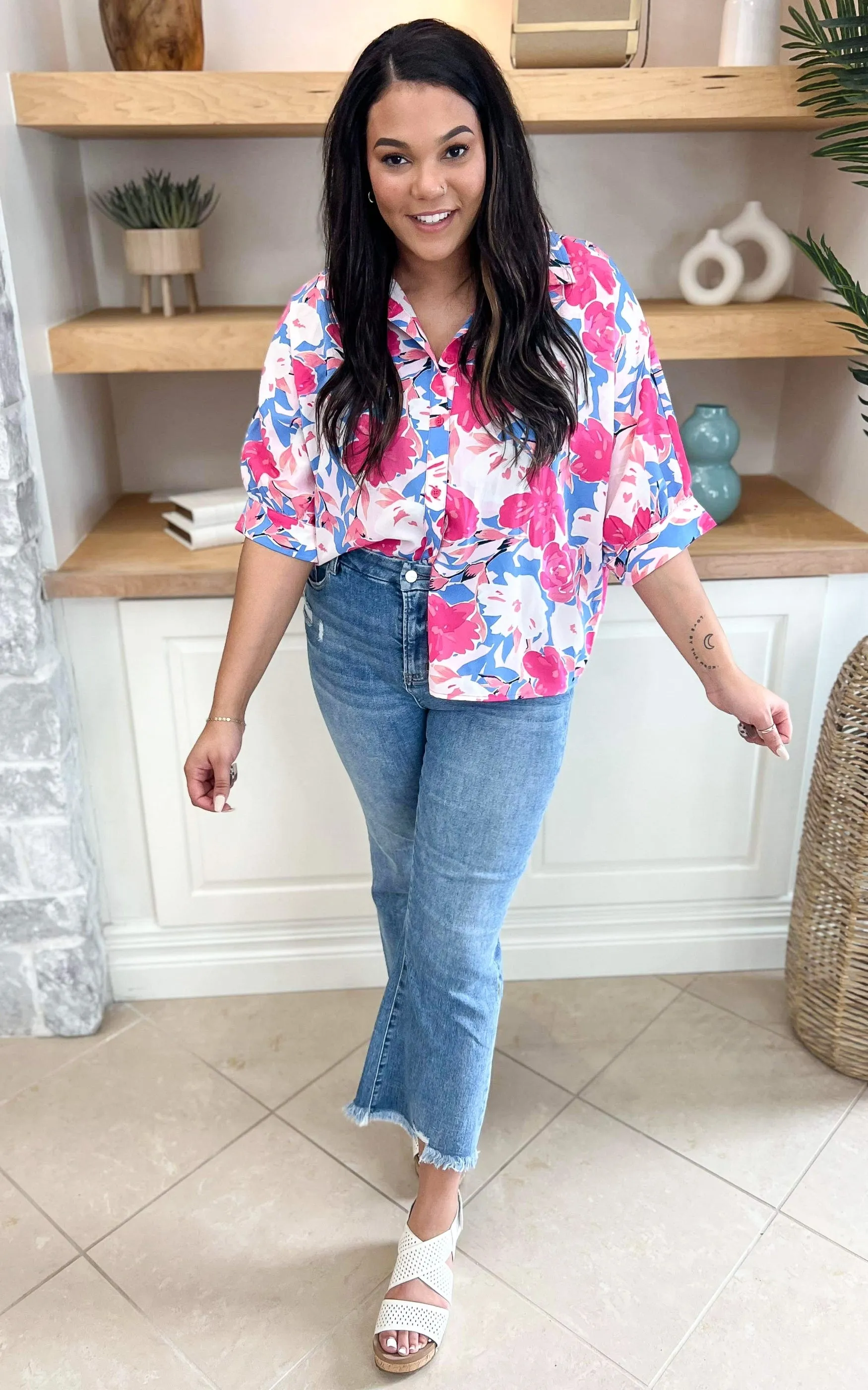 Spring Floral 3/4 Sleeve Dolman Blouse Top - Final Sale